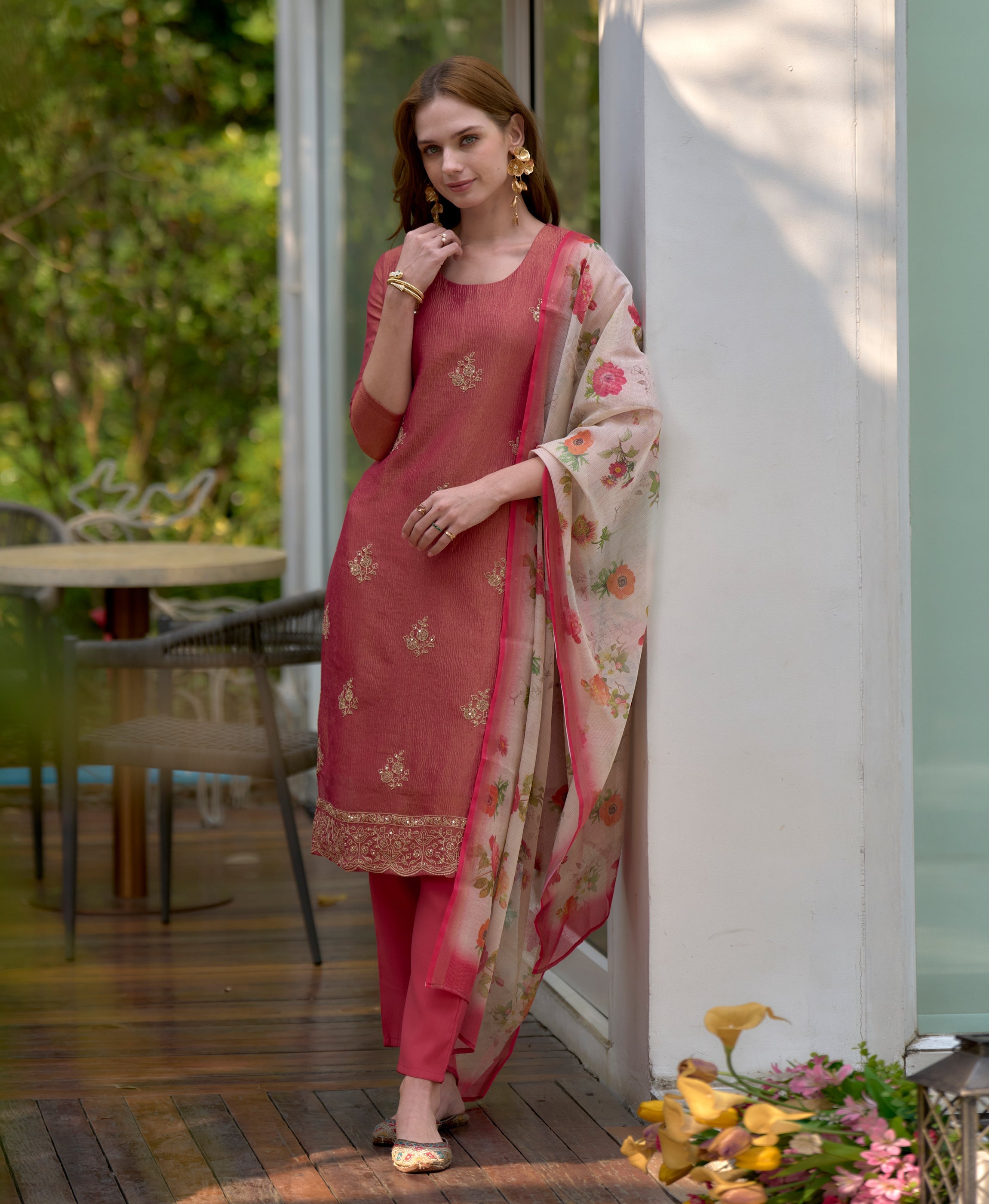 Red Tissue Silk Embroidered Straight Kurti Set